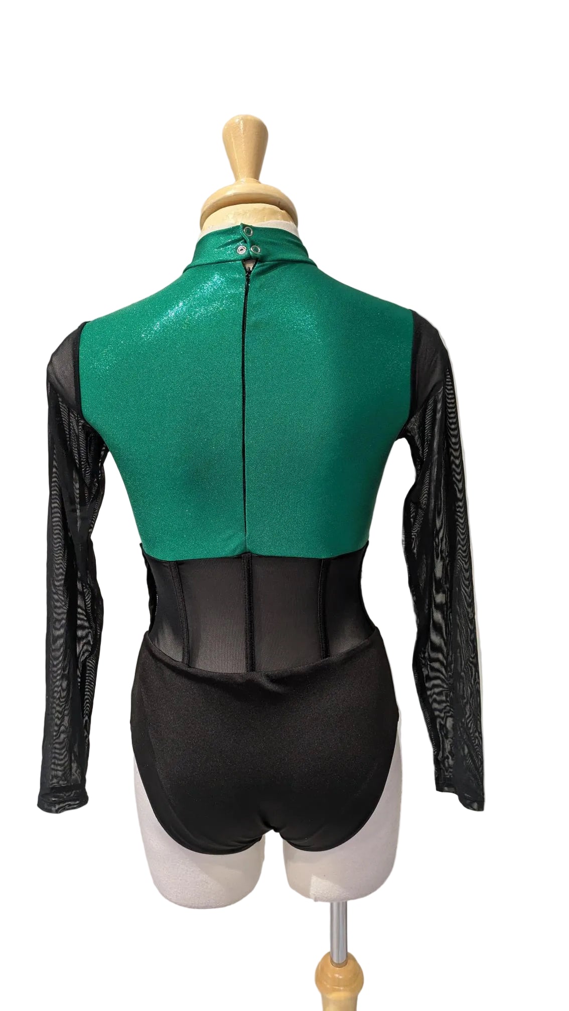 Green and Black Bodysuit with Mesh Long Sleeve