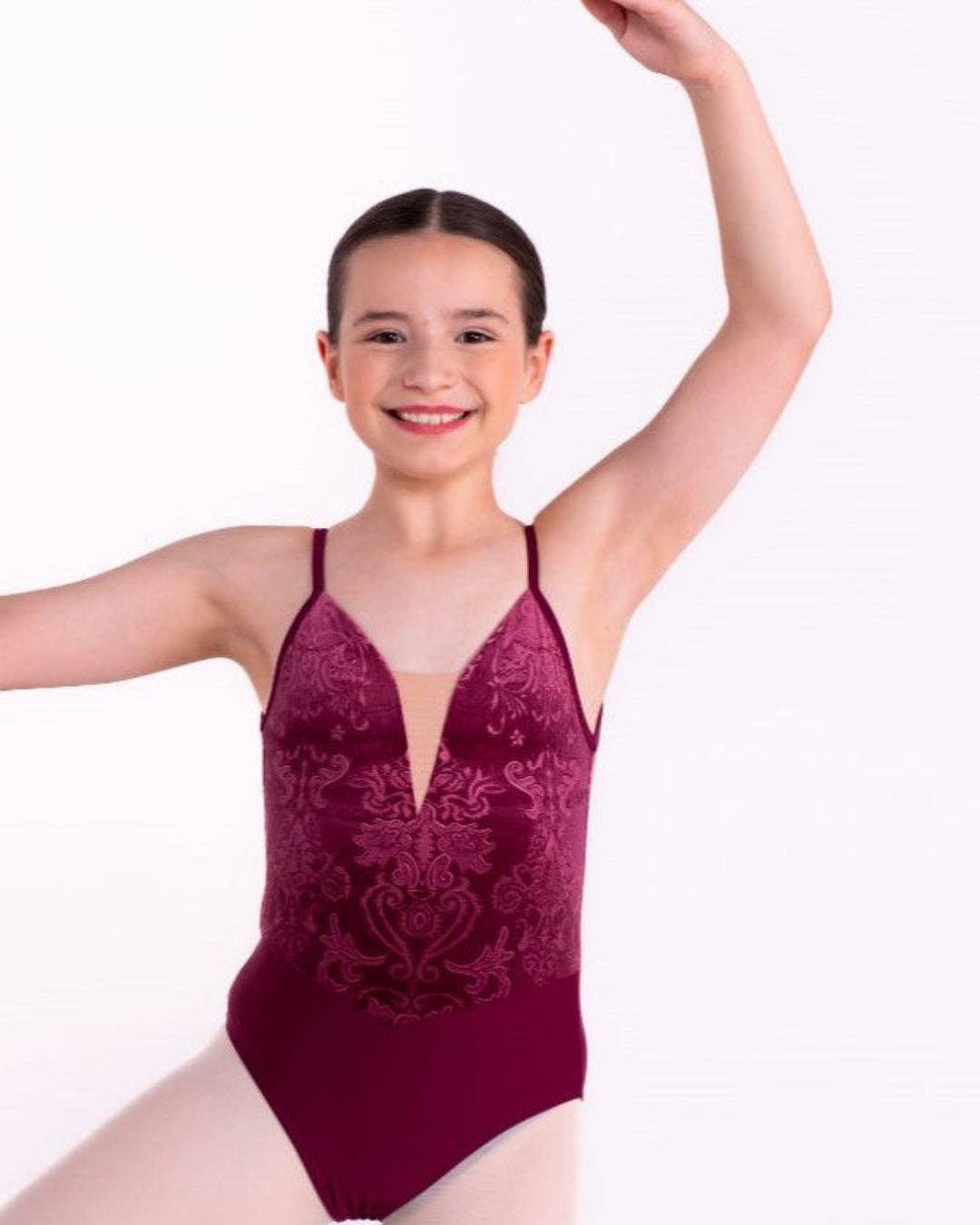 Total Dance - Venetian Leotard - Embossed Velvet Dance Leotard with Deep V Mesh
