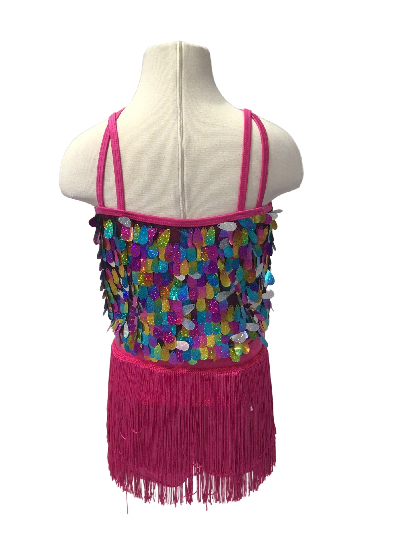 Bright Pink Jazz with Rainbow sequins and Fringe Skirt