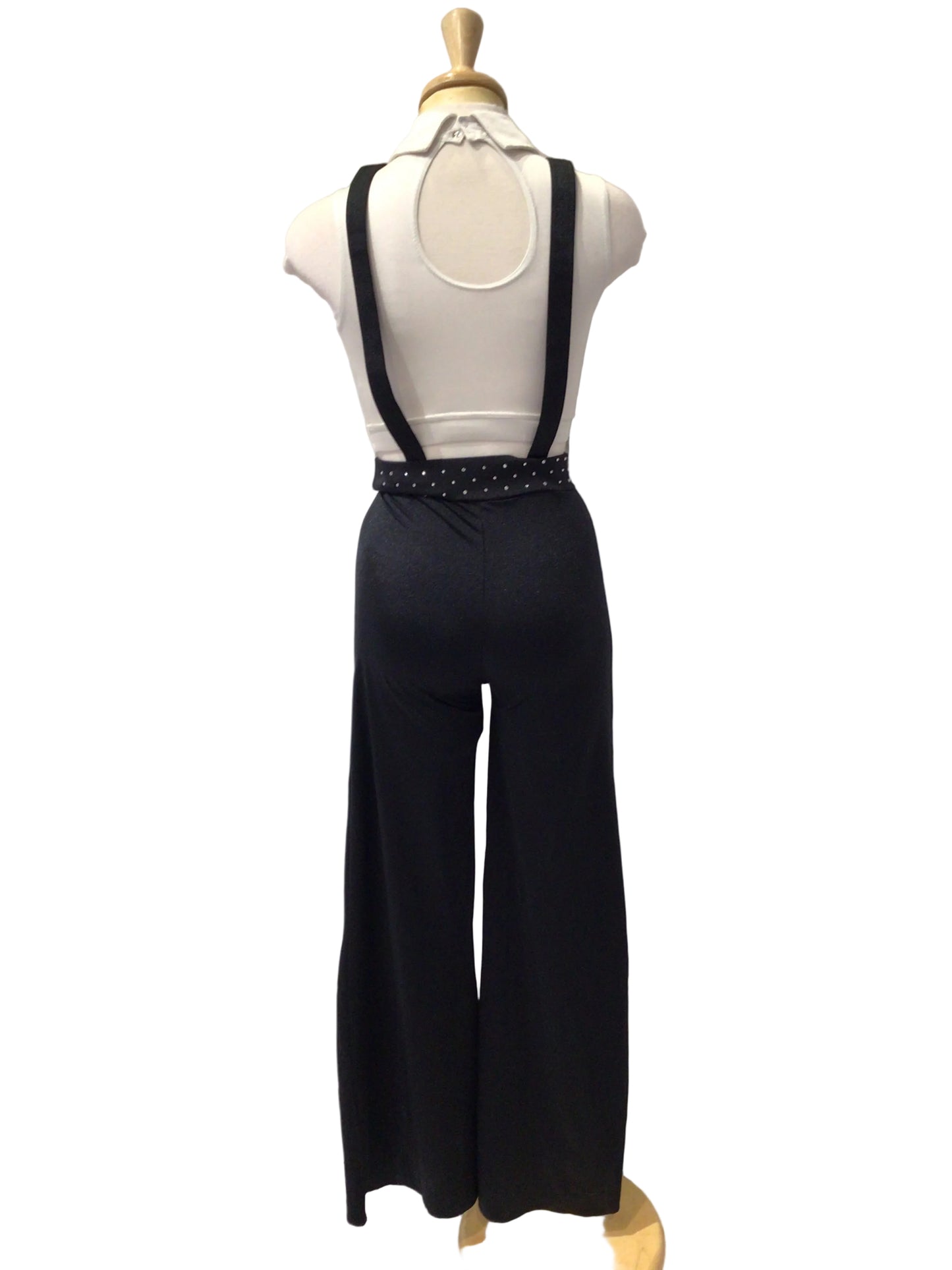 White Top and Black Suspender Pants