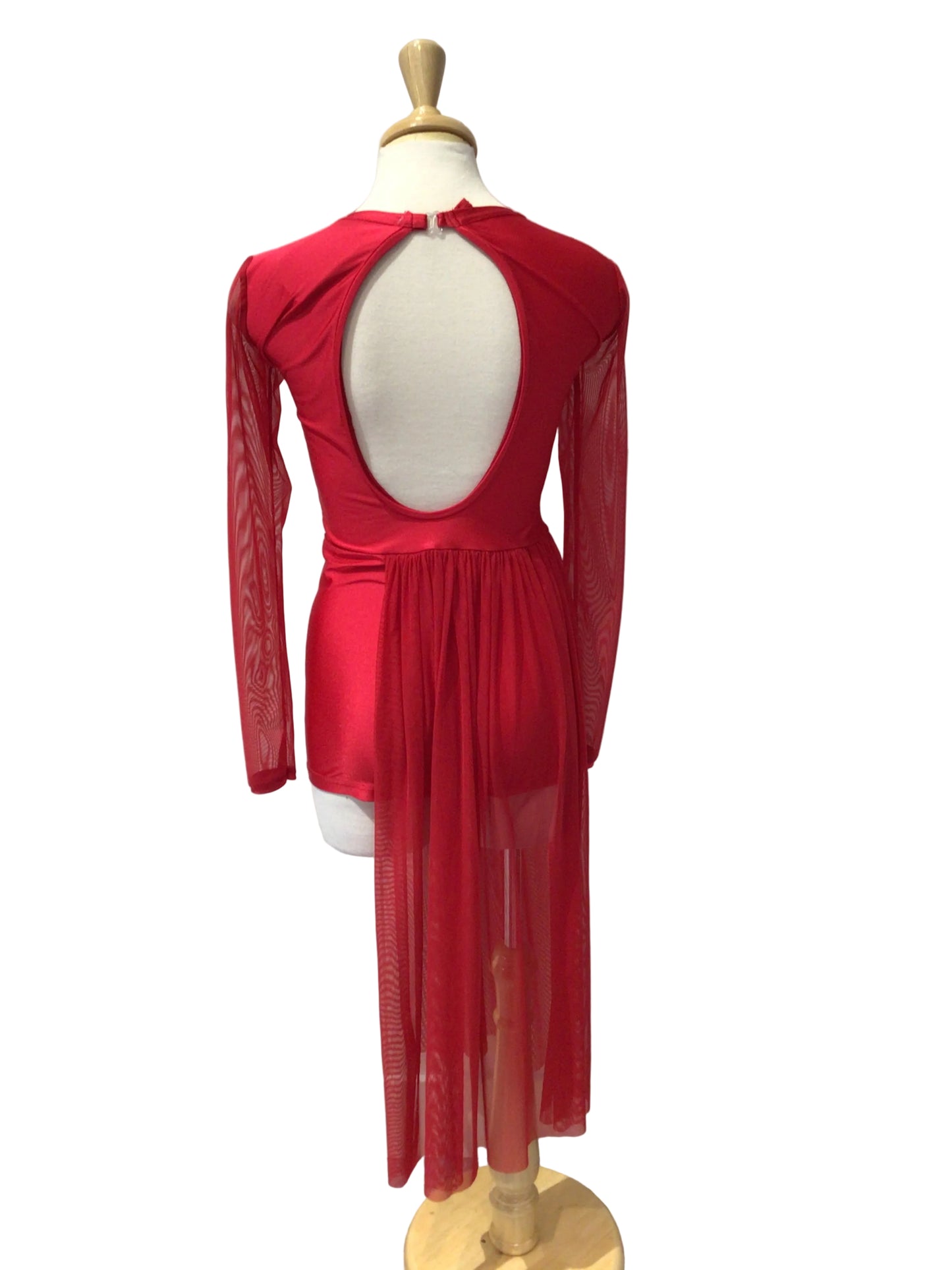 Red Biketard with Mesh Sleeves and Half Skirt