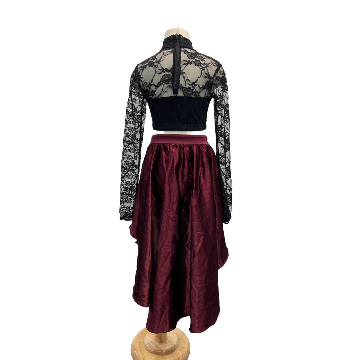 Black Lace Top and Burgundy Skirt