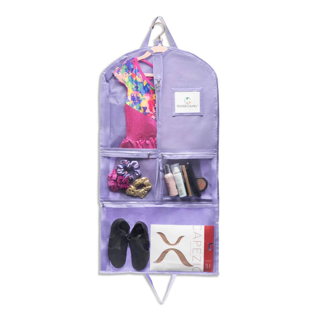 Picture of lavender coloured garment bag with clear pockets