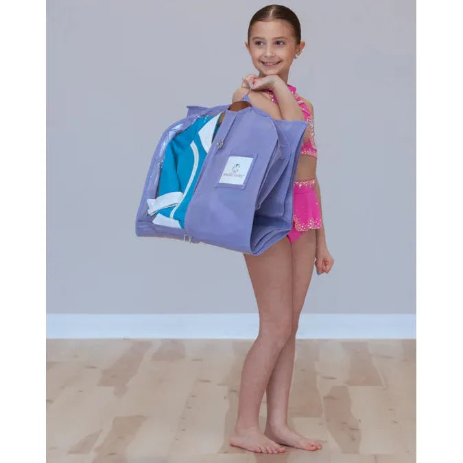 Dancer holding lavender coloured garment bag with clear pockets