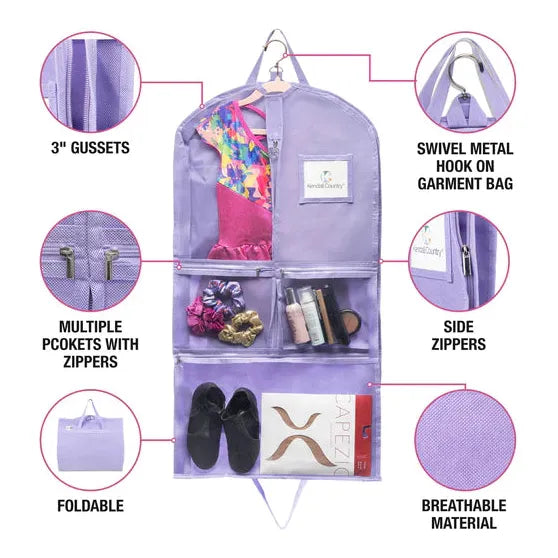 Front view of lavender Garment Bag showing multiple pockets, side zippers, and 3" gussets.