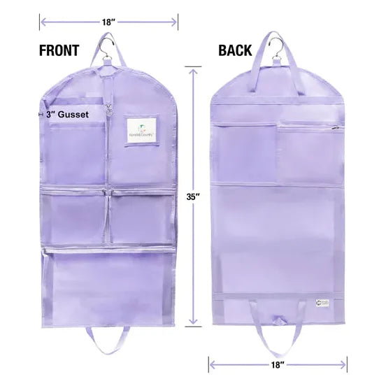 Front and back views of lavender coloured garment bag