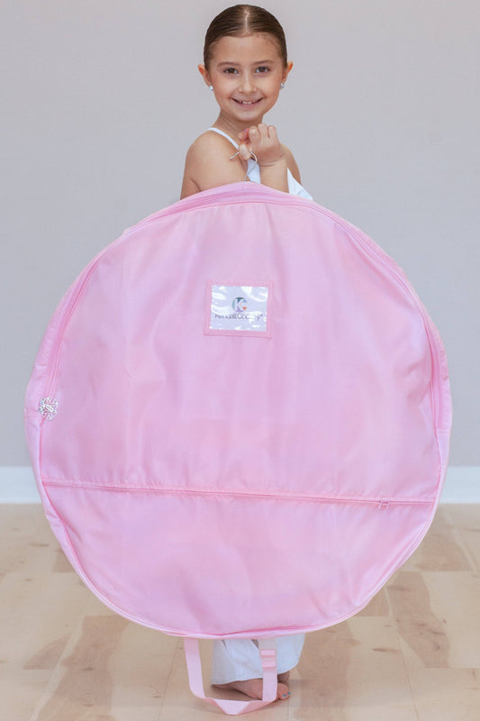 Dancer holding Small cotton candy (pink) coloured Pancake Tutu Bag, 30"