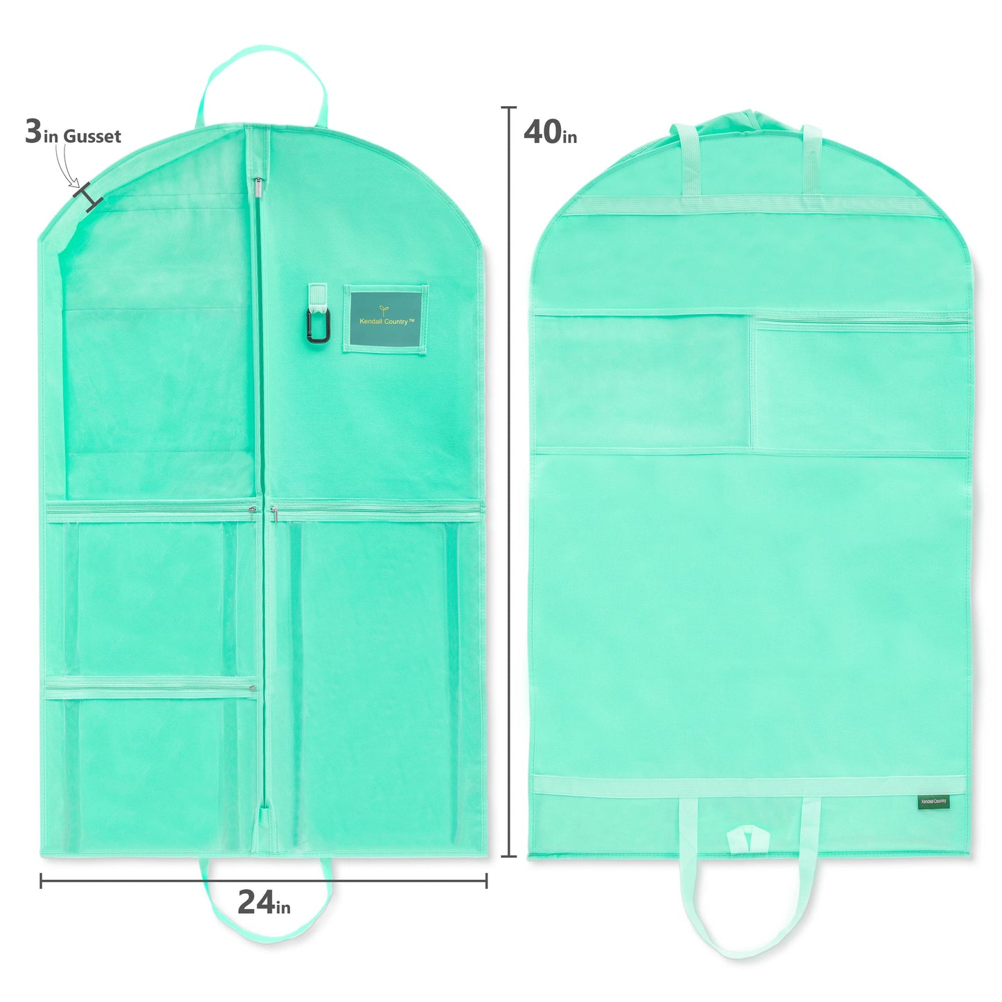 front and back view of seafoam green garment bag