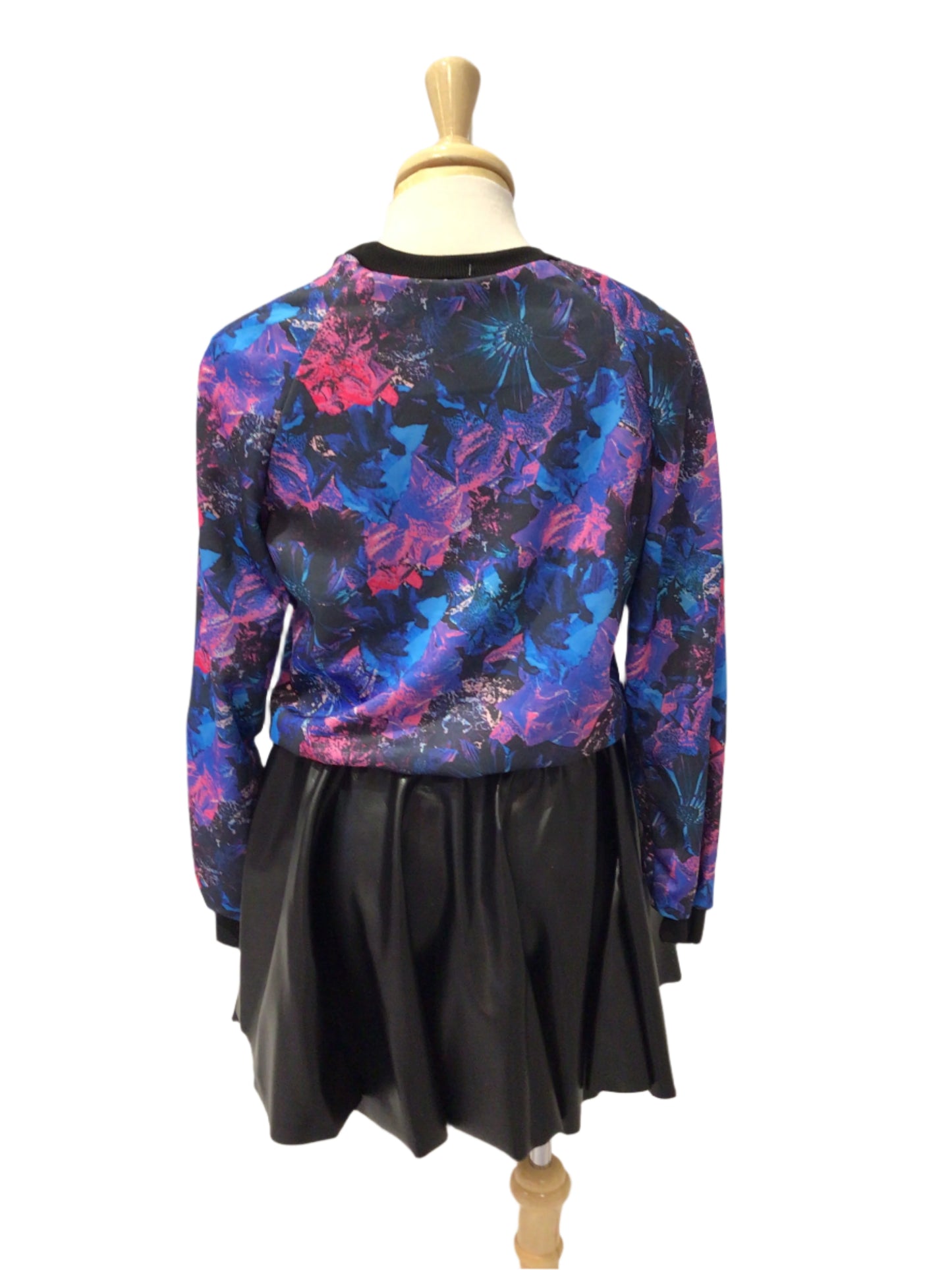 Blue and Pink Shirt with Black Pleather Skirt