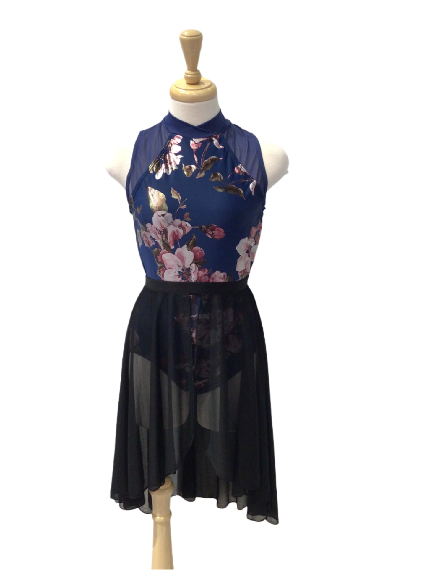 Blue Flower Bodysuit with Black Skirt with Open Front