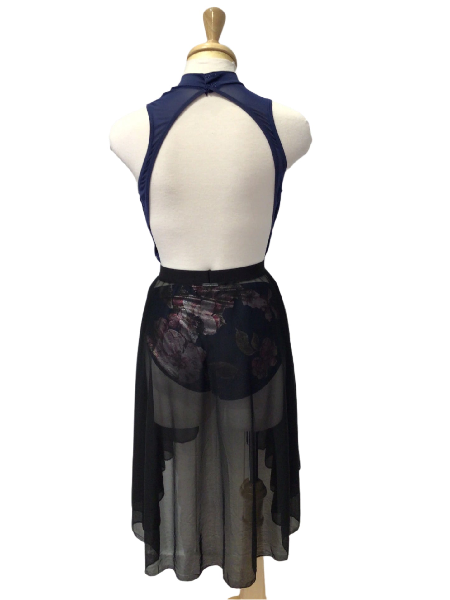 Blue Flower Bodysuit with Black Skirt with Open Front