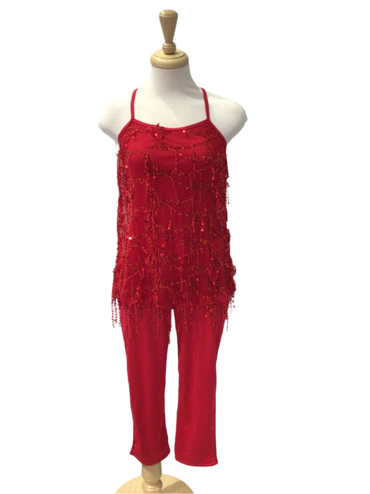 Red Unitard with With Mesh Shirt