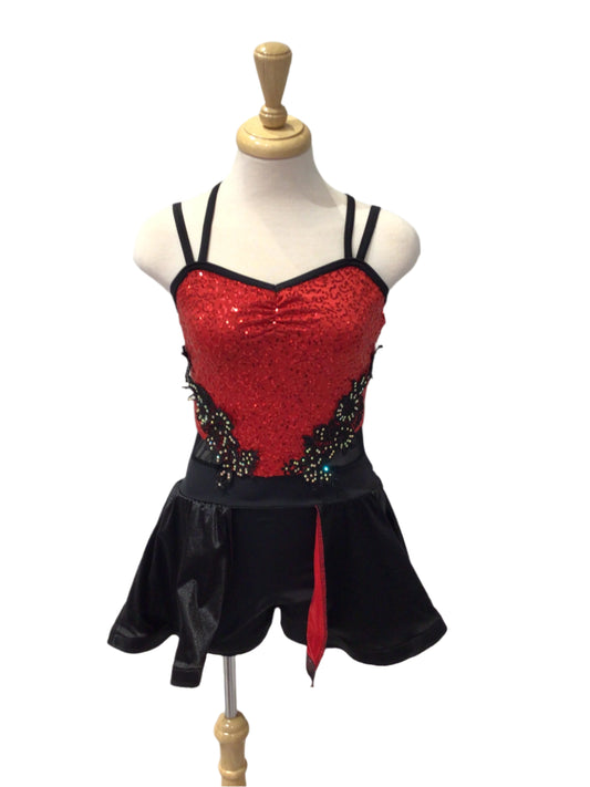 Red and Black Jazz Biketard with Half Skirt