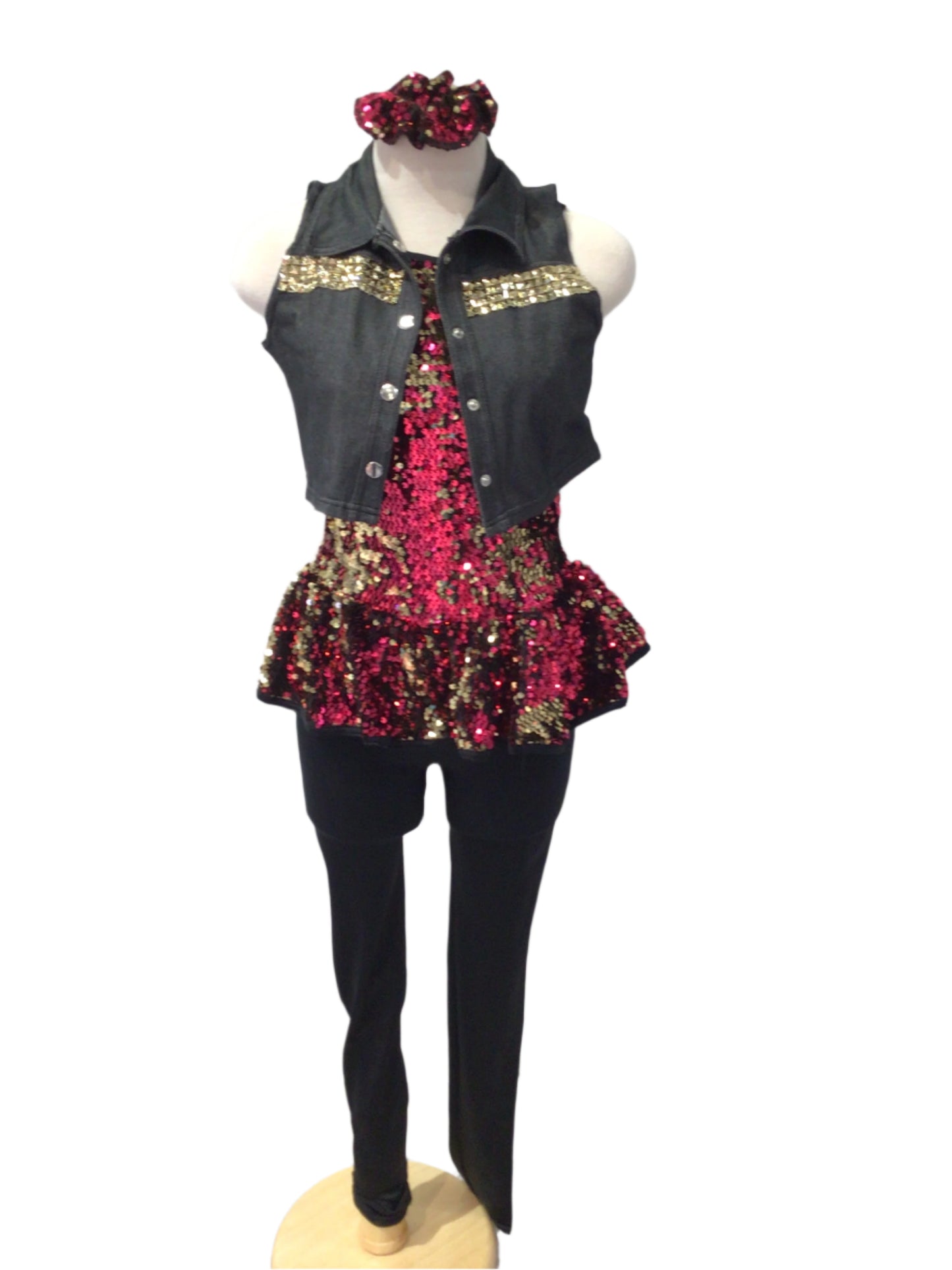 Pink and Black Sparkle Unitard with Jean Vest