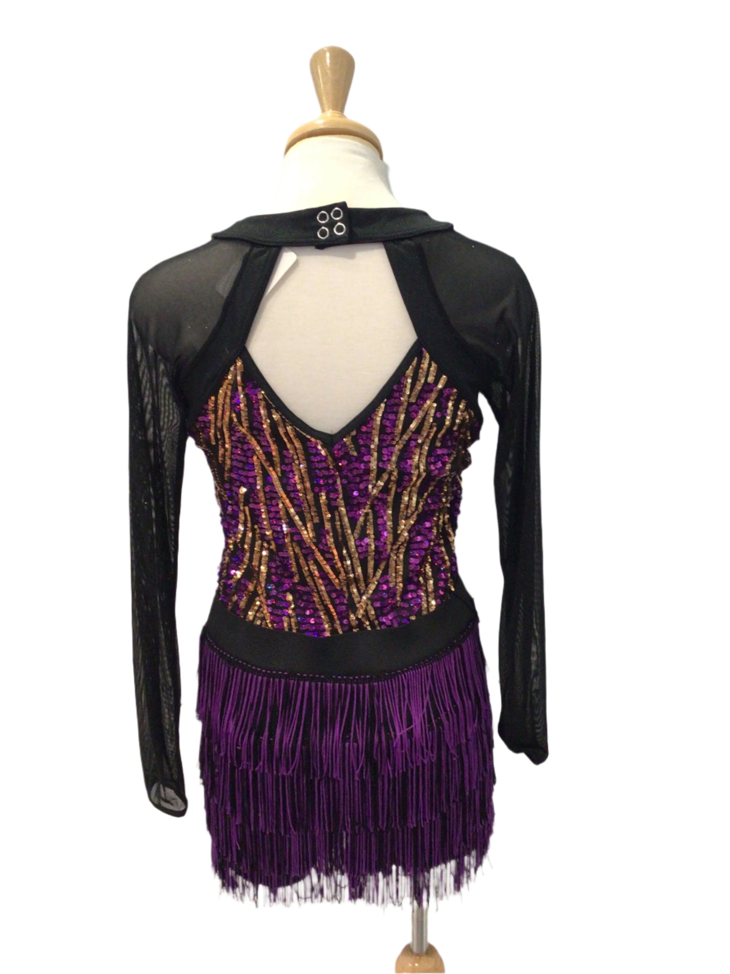 Black Purple and Gold Long Sleeve Fringe Biketard