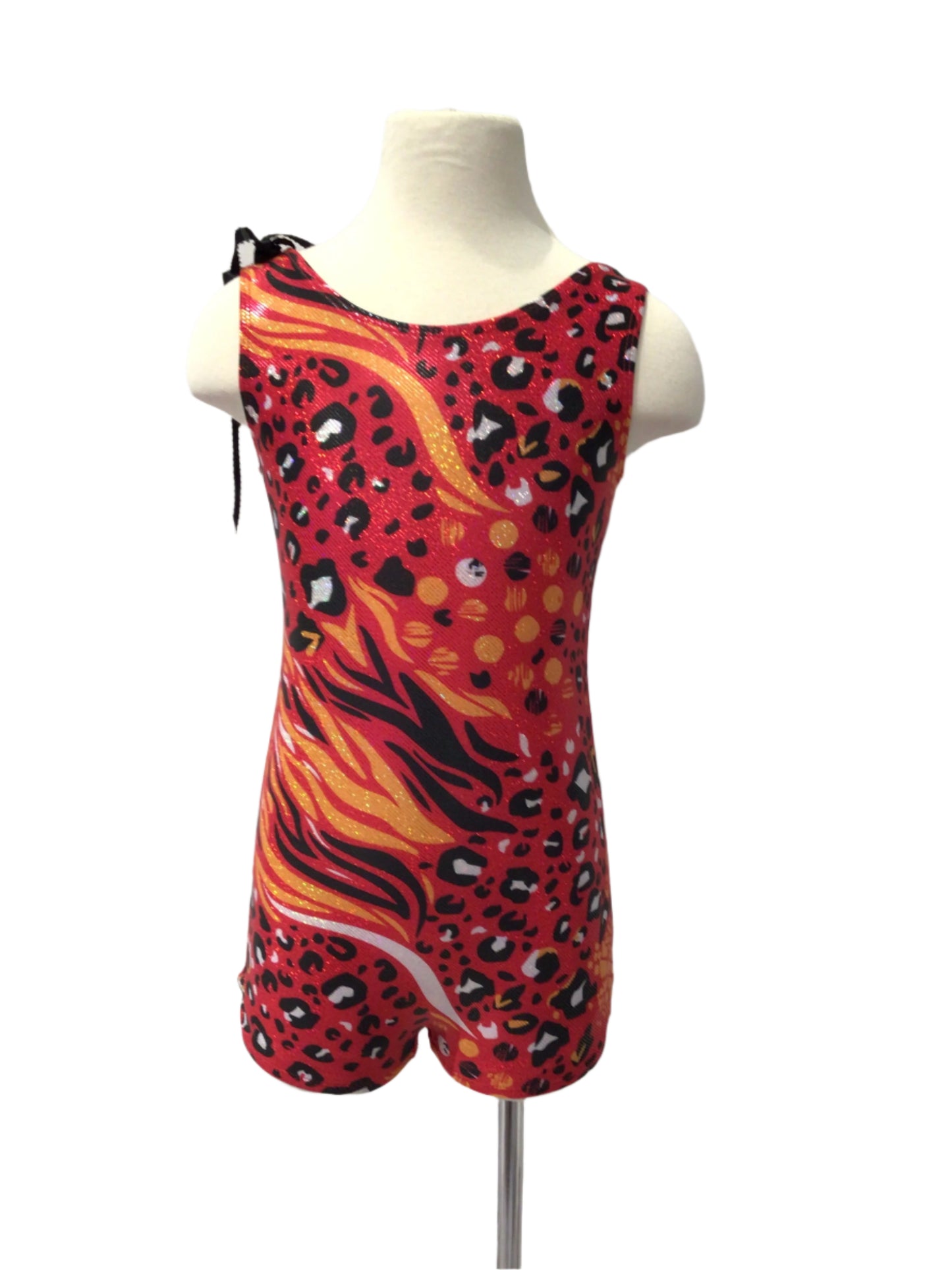 Red and Gold Shiny Biketard with Leopard Spots