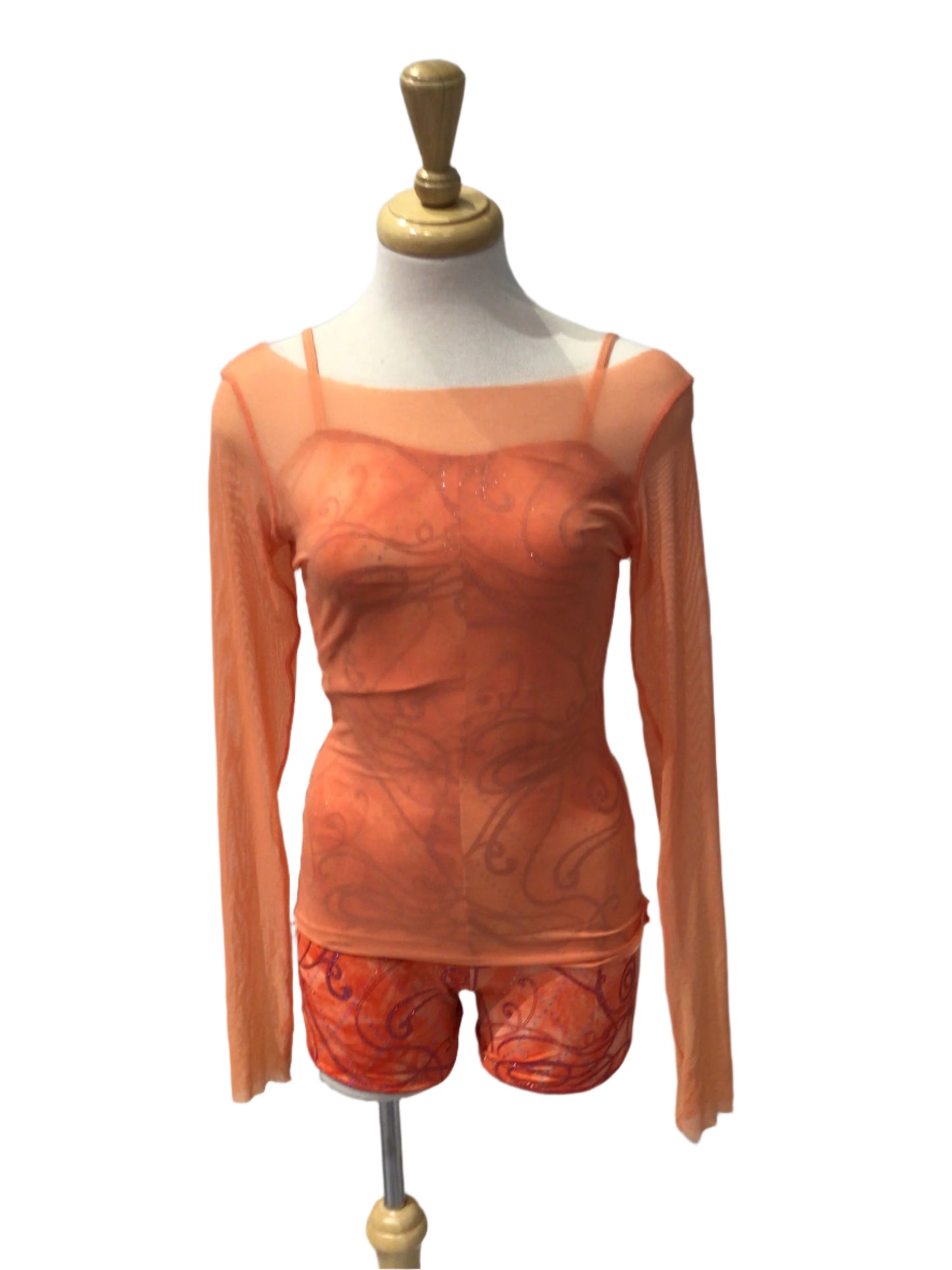 Sparkly Peach Biketard with Mesh Top