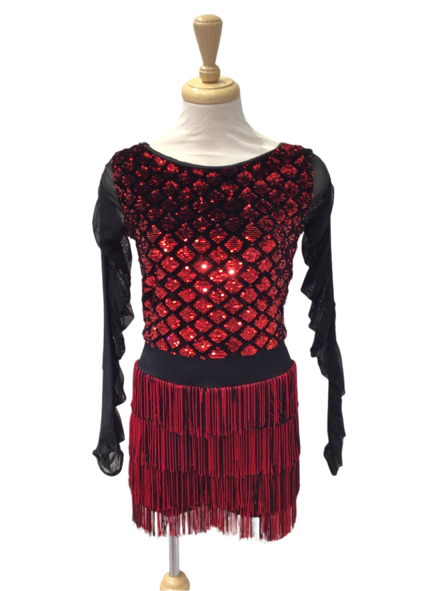 Red Sequin Long Sleeve Fringe Dress
