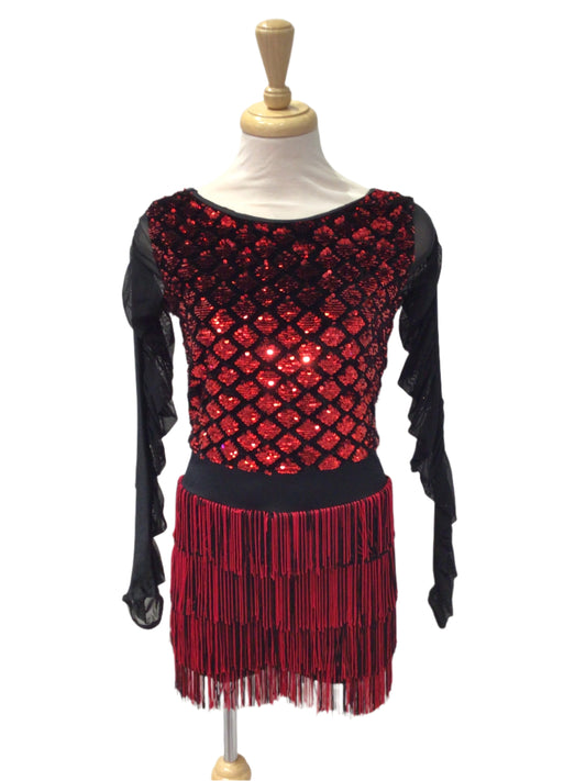 Red Sequin Long Sleeve Fringe Dress