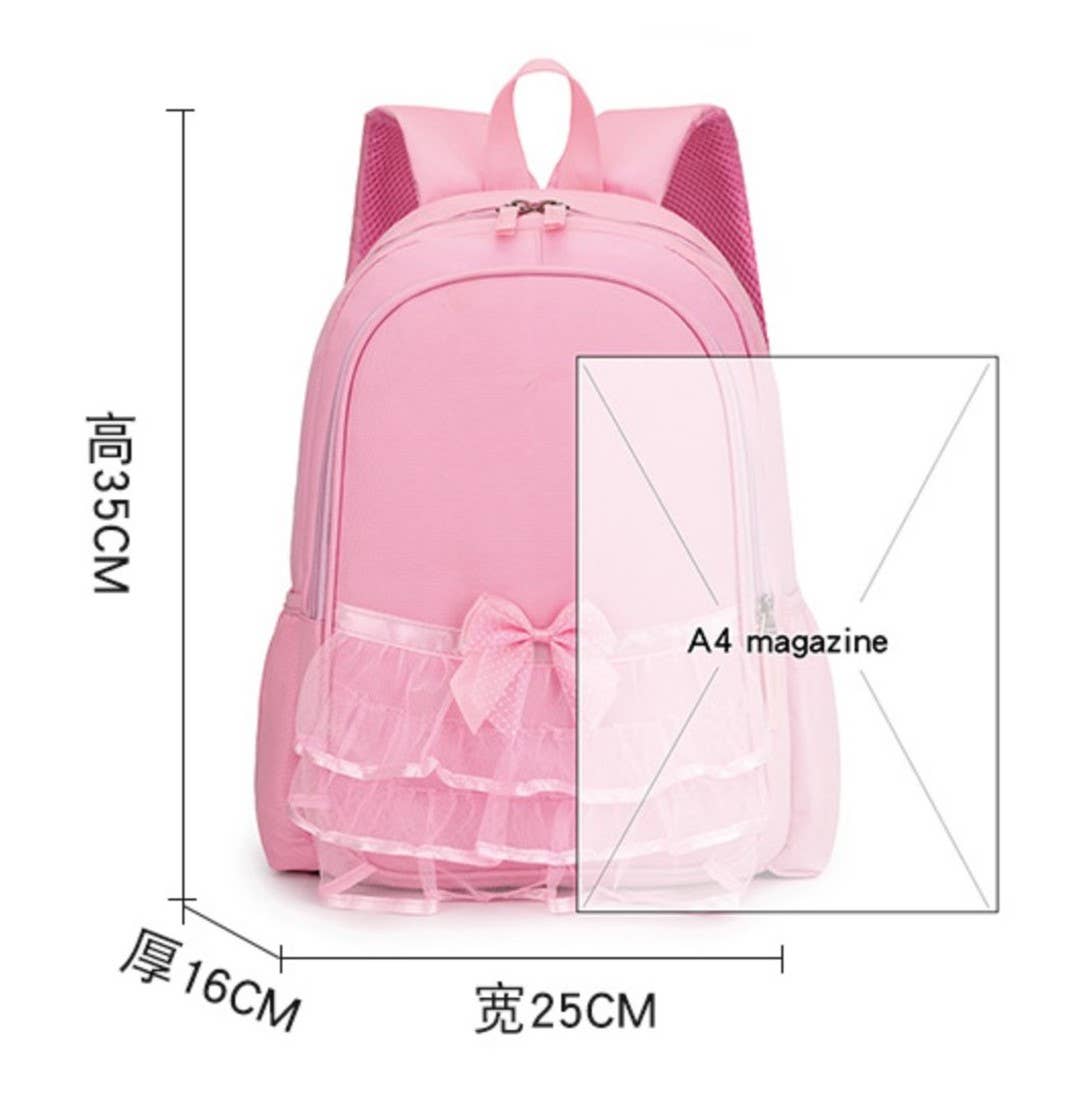 Pink school backpack with a ruffled tulle hem and bow, shown with dimension lines indicating height 35cm, thickness 16cm, and width 25cm, plus an inset labeled A4 magazine.