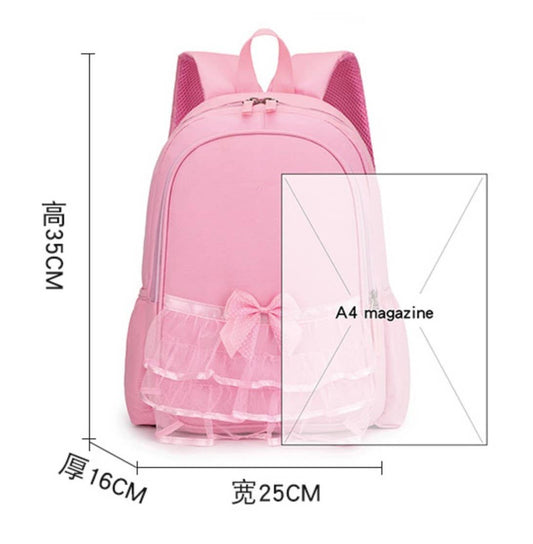 Pink school backpack with a ruffled tulle hem and bow, shown with dimension lines indicating height 35cm, thickness 16cm, and width 25cm, plus an inset labeled A4 magazine.