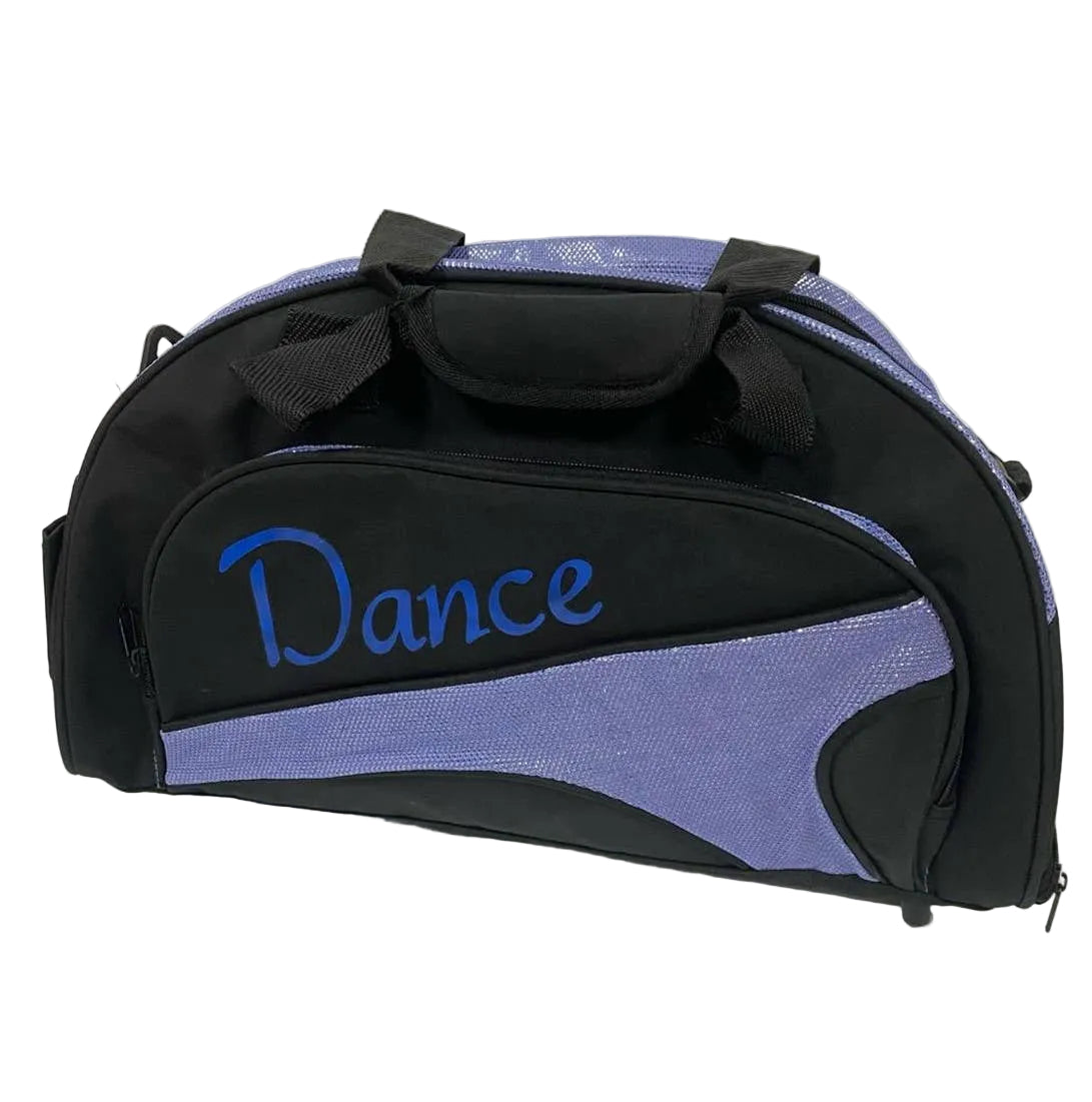 A black dance bag with purple mesh panels and a blue 'Dance' script on the front, photographed on a plain light background.