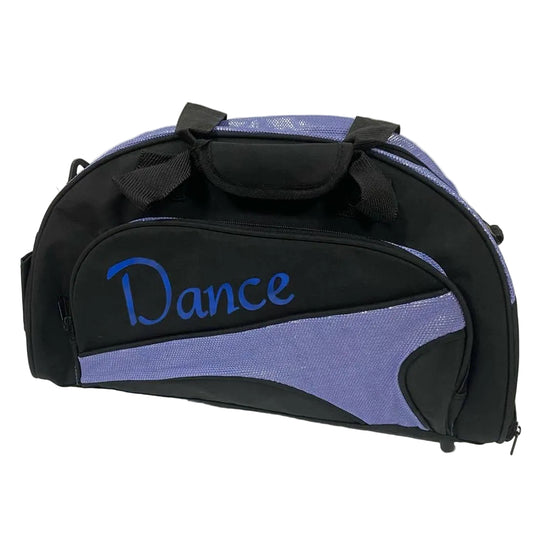 A black dance bag with purple mesh panels and a blue 'Dance' script on the front, photographed on a plain light background.
