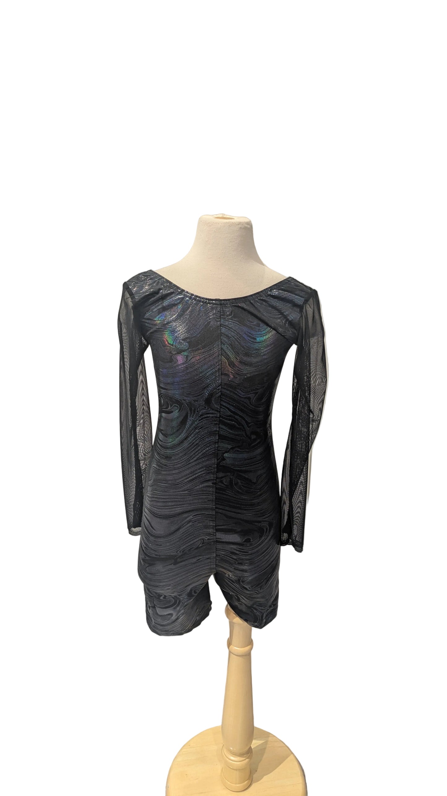Long Sleeve Black Patterned Shiny Romper