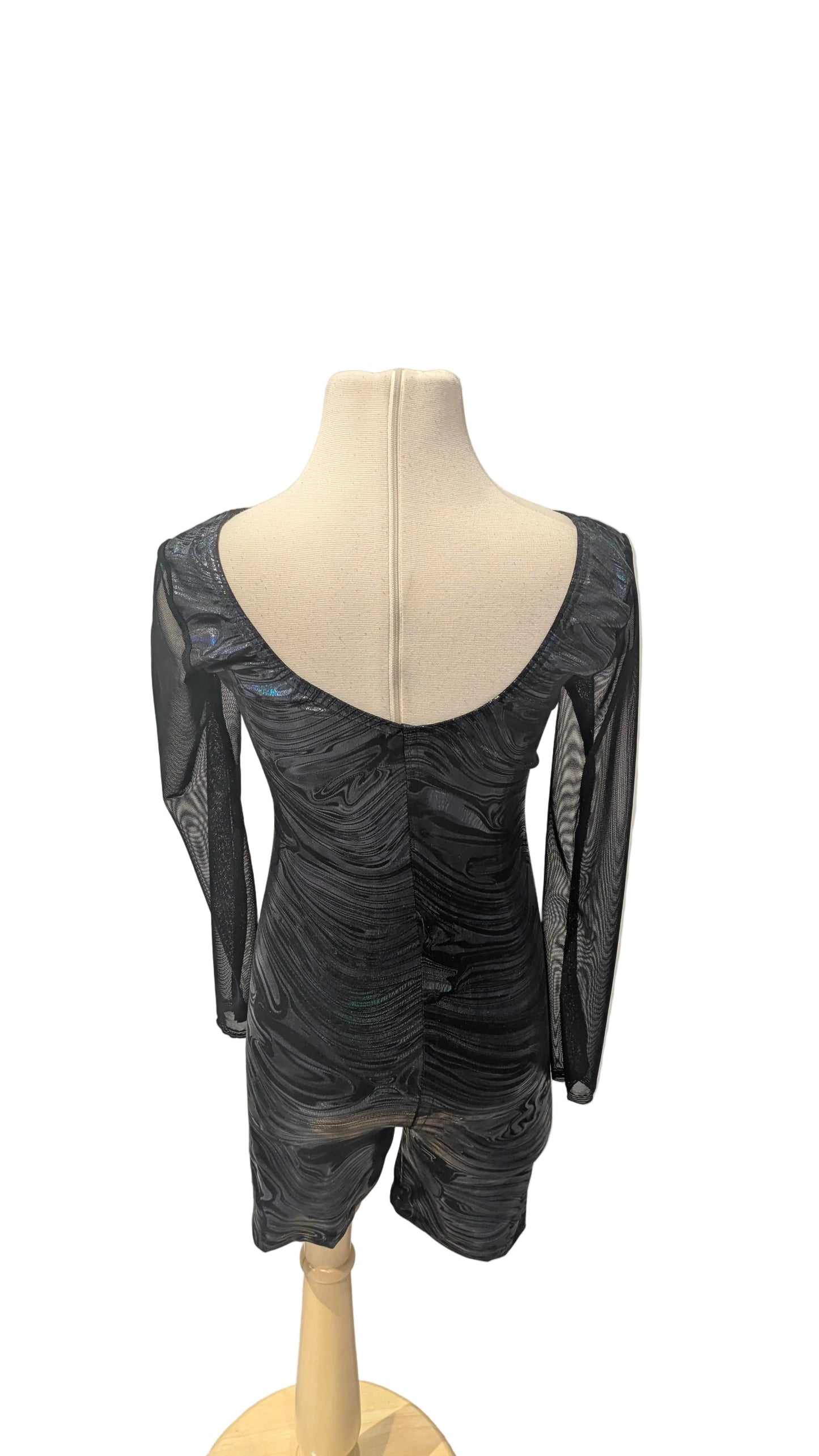 Long Sleeve Black Patterned Shiny Romper