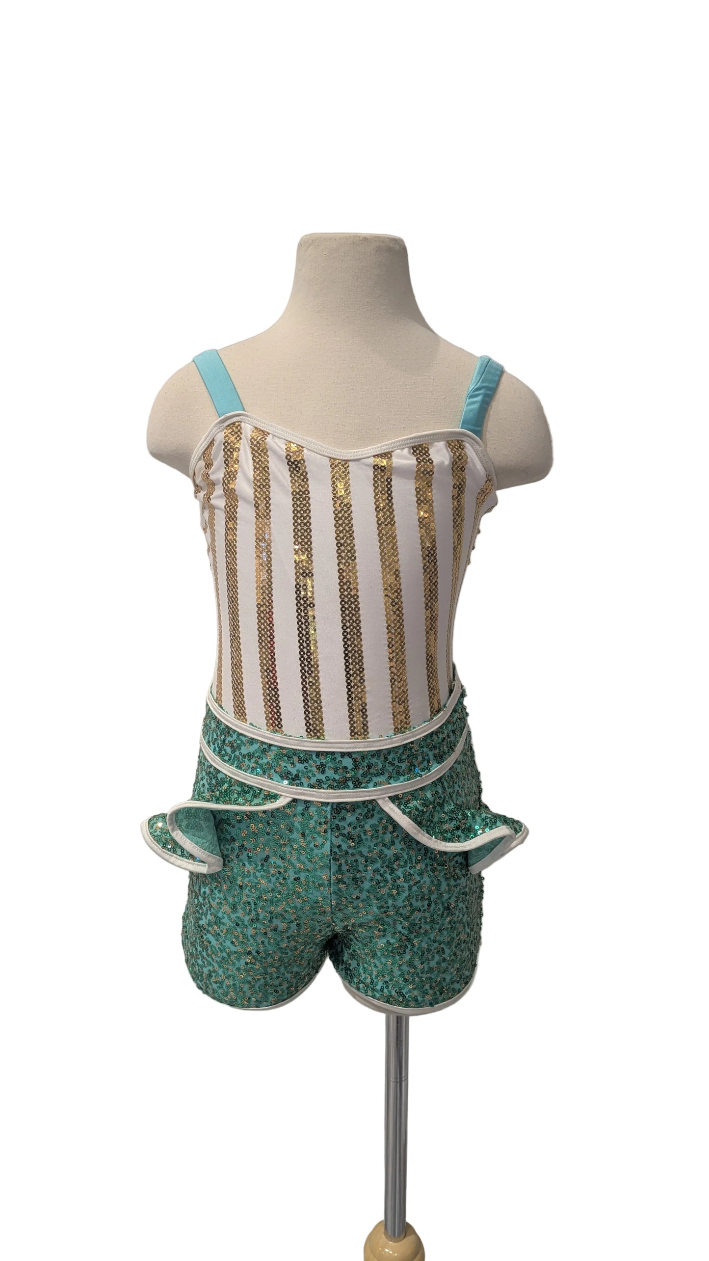 Striped White and Gold Leotard and Turquoise Sequin Shorts