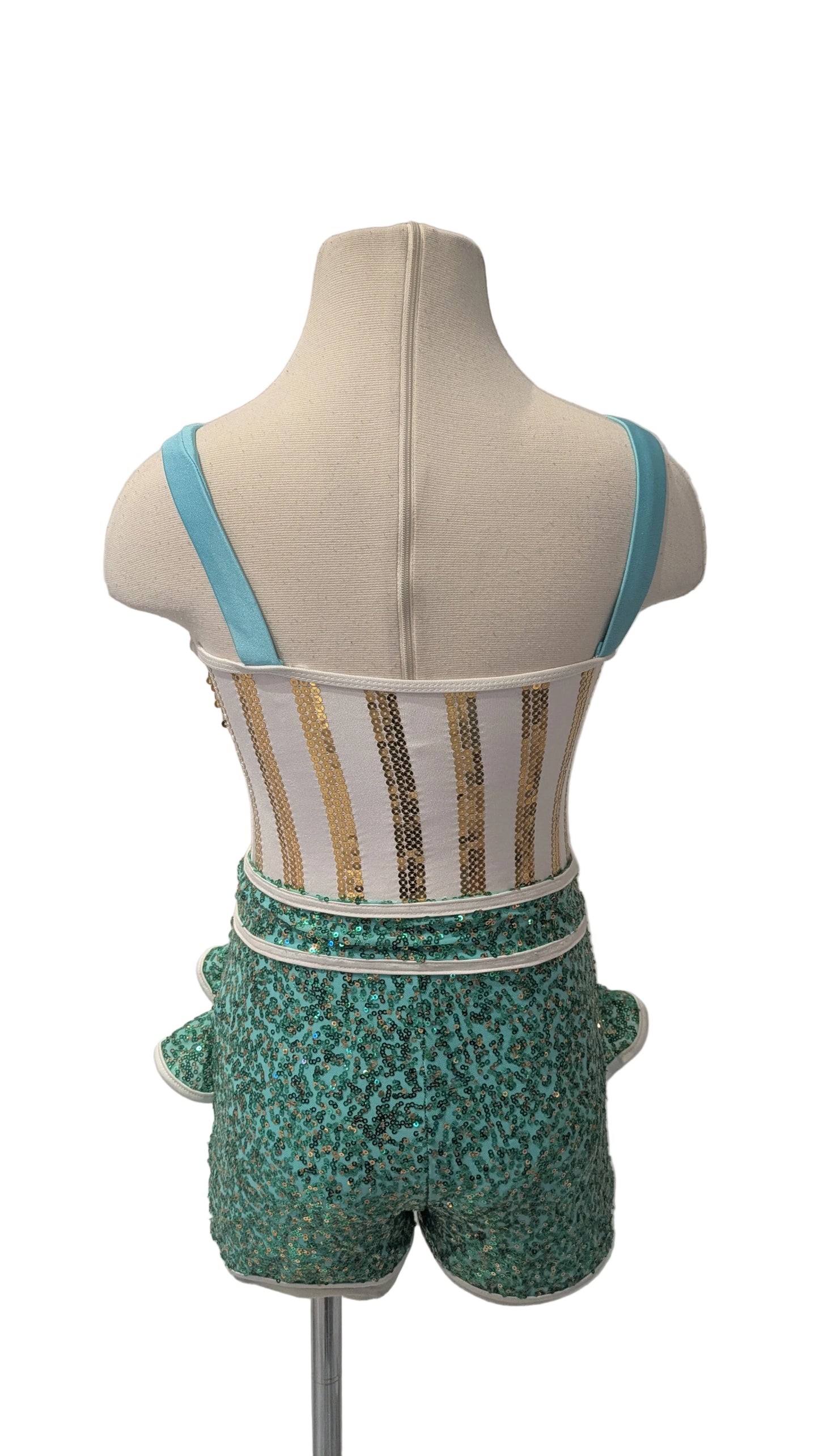 Striped White and Gold Leotard and Turquoise Sequin Shorts