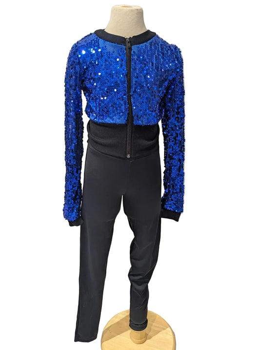 Blue Sequin Zip Up with Black Leggings