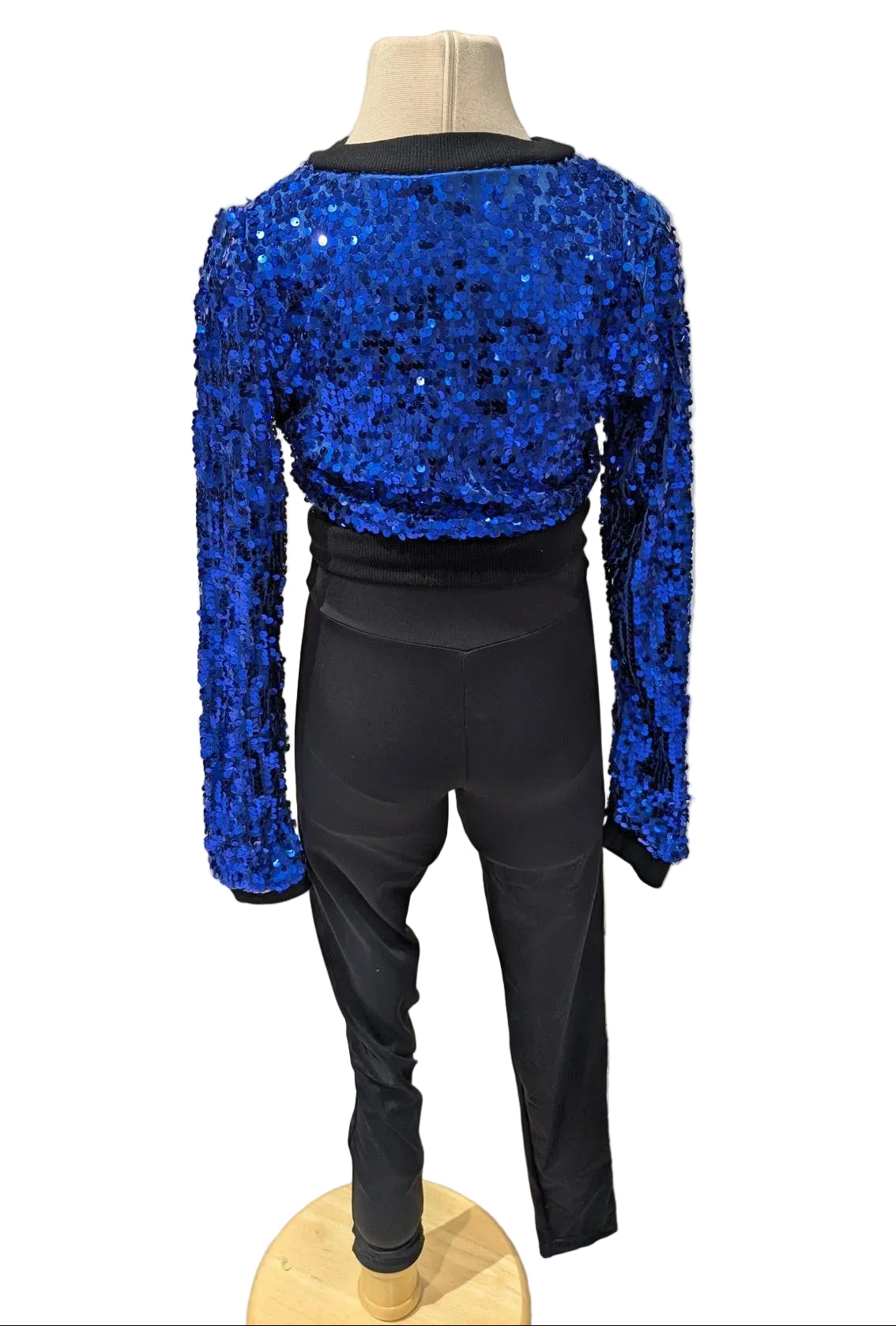 Blue Sequin Zip Up with Black Leggings