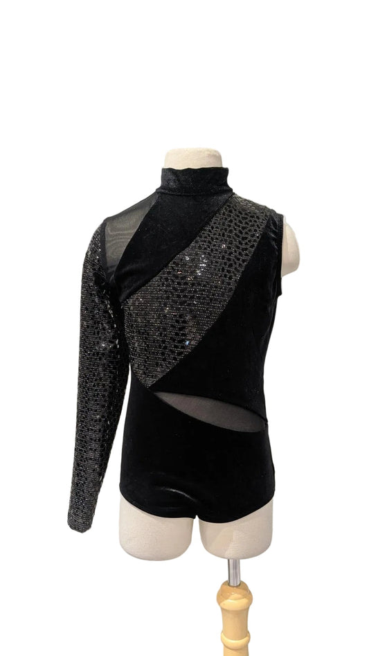 Velvet and Mesh Asymmetric Single Sleeve Body Suit