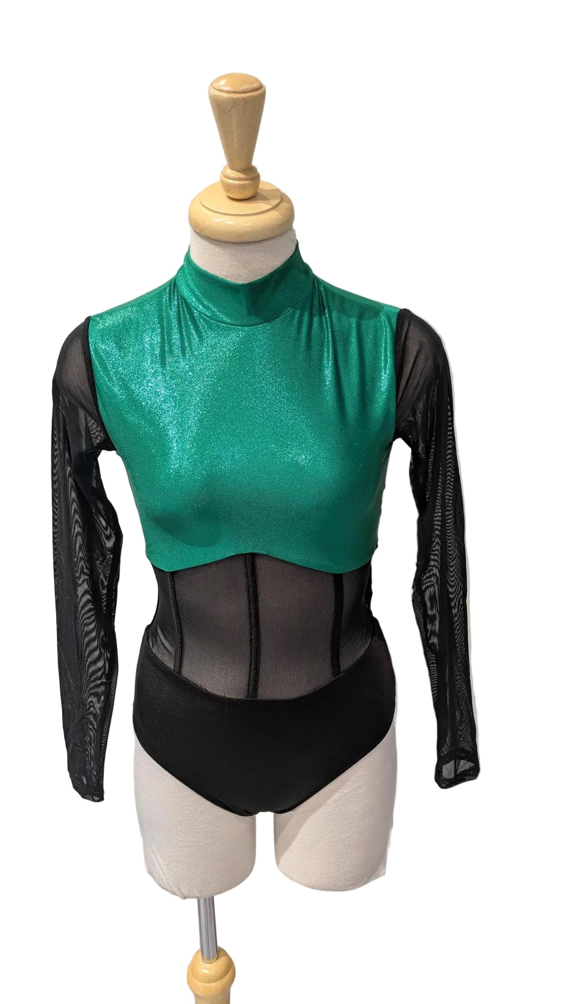 Green and Black Bodysuit with Mesh Long Sleeve
