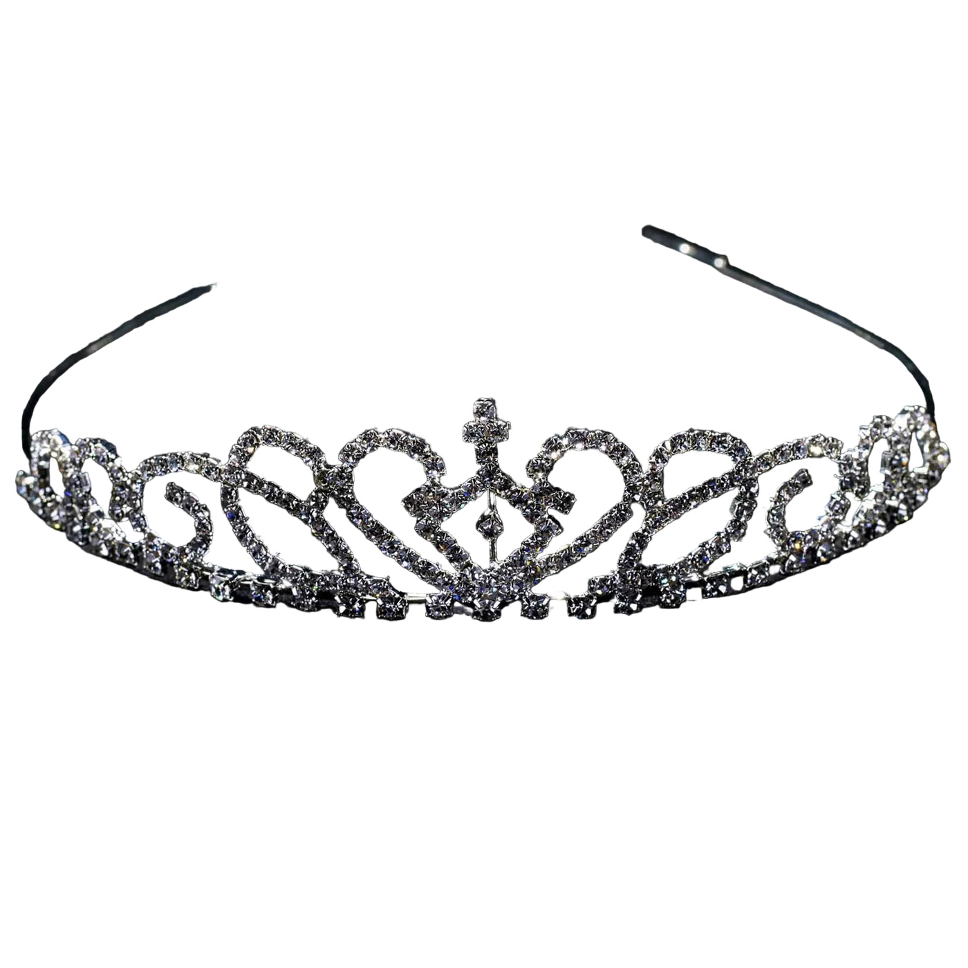 A silver tiara headband adorned with sparkling clear rhinestones, featuring a central crown motif and side scrollwork, displayed on a black background.