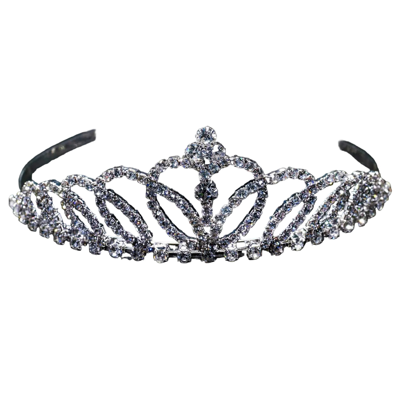 A silver tiara headband adorned with sparkling clear rhinestones, displayed on a black textured background.