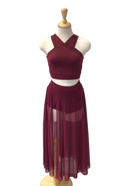 Maroon Sport Top with Mesh Skirt