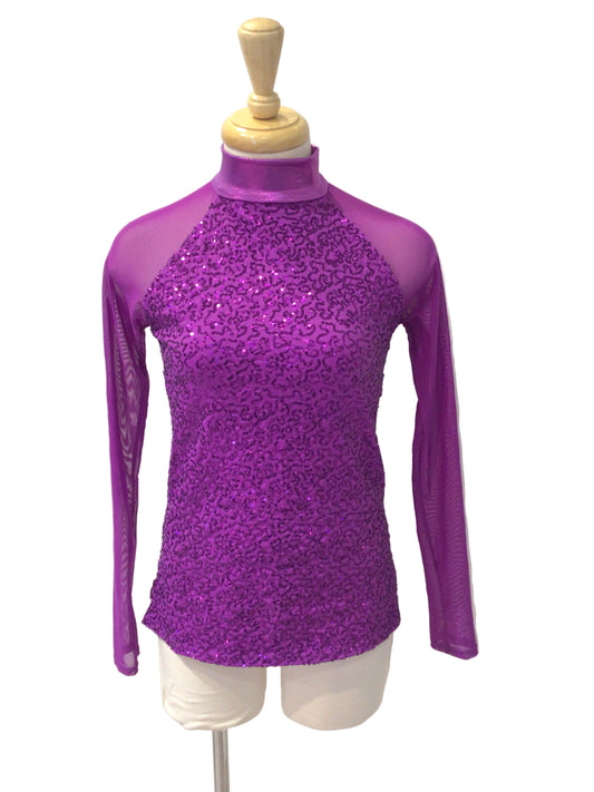 Purple Sequin Mesh Long Sleeve Top
