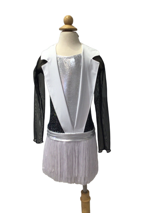 Black and White Long Sleeve Fringe Biketard