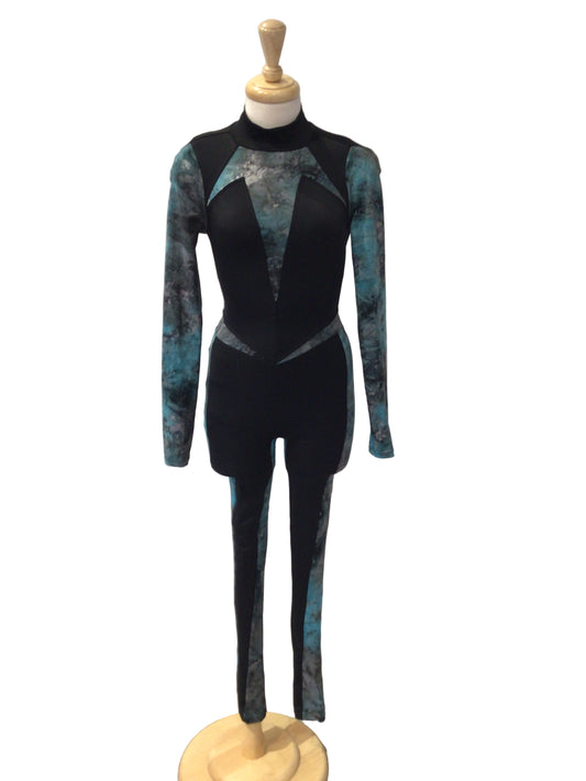 Shiny Blue and Black Long Sleeve Unitard