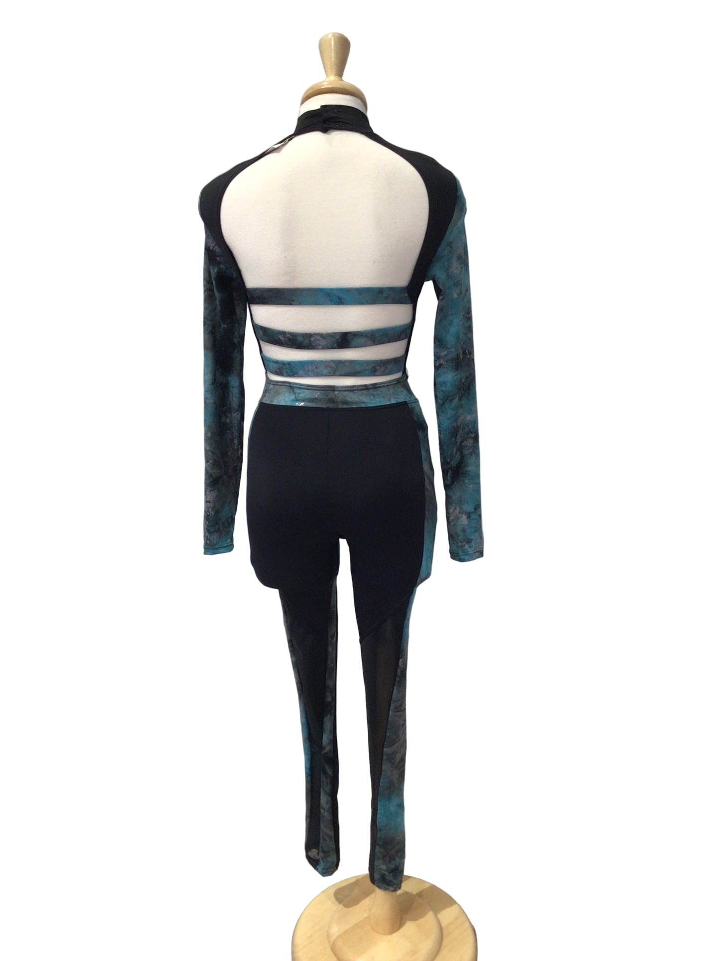 Shiny Blue and Black Long Sleeve Unitard