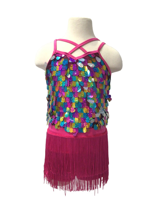 Bright Pink Jazz with Rainbow sequins and Fringe Skirt