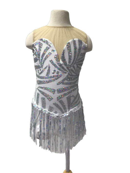 Silver and White Fringe Biketard