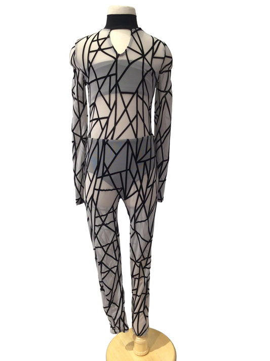 Grey Mesh Unitard with Black Pattern