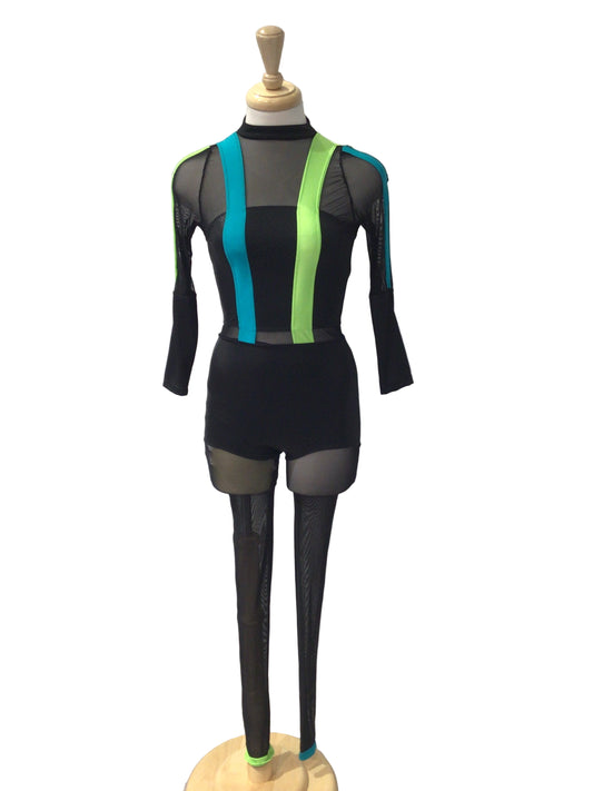Black Unitard with Blue and Green Stripes