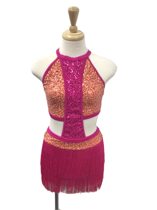 Pink Fringe Crop Top and Skirt