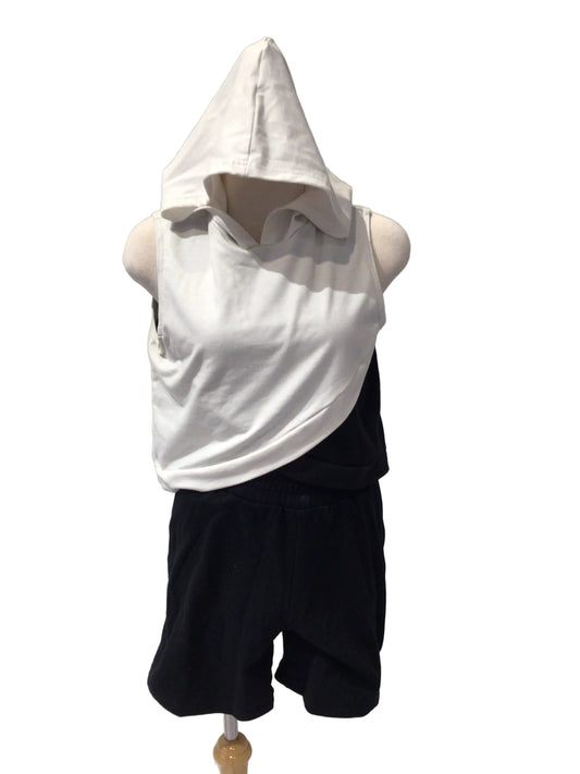 White and Black Short Sleeve Hoodie and Shorts