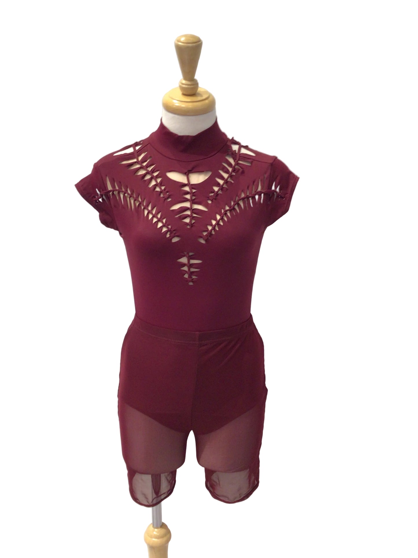 Maroon Bodysuit with Mesh Shorts