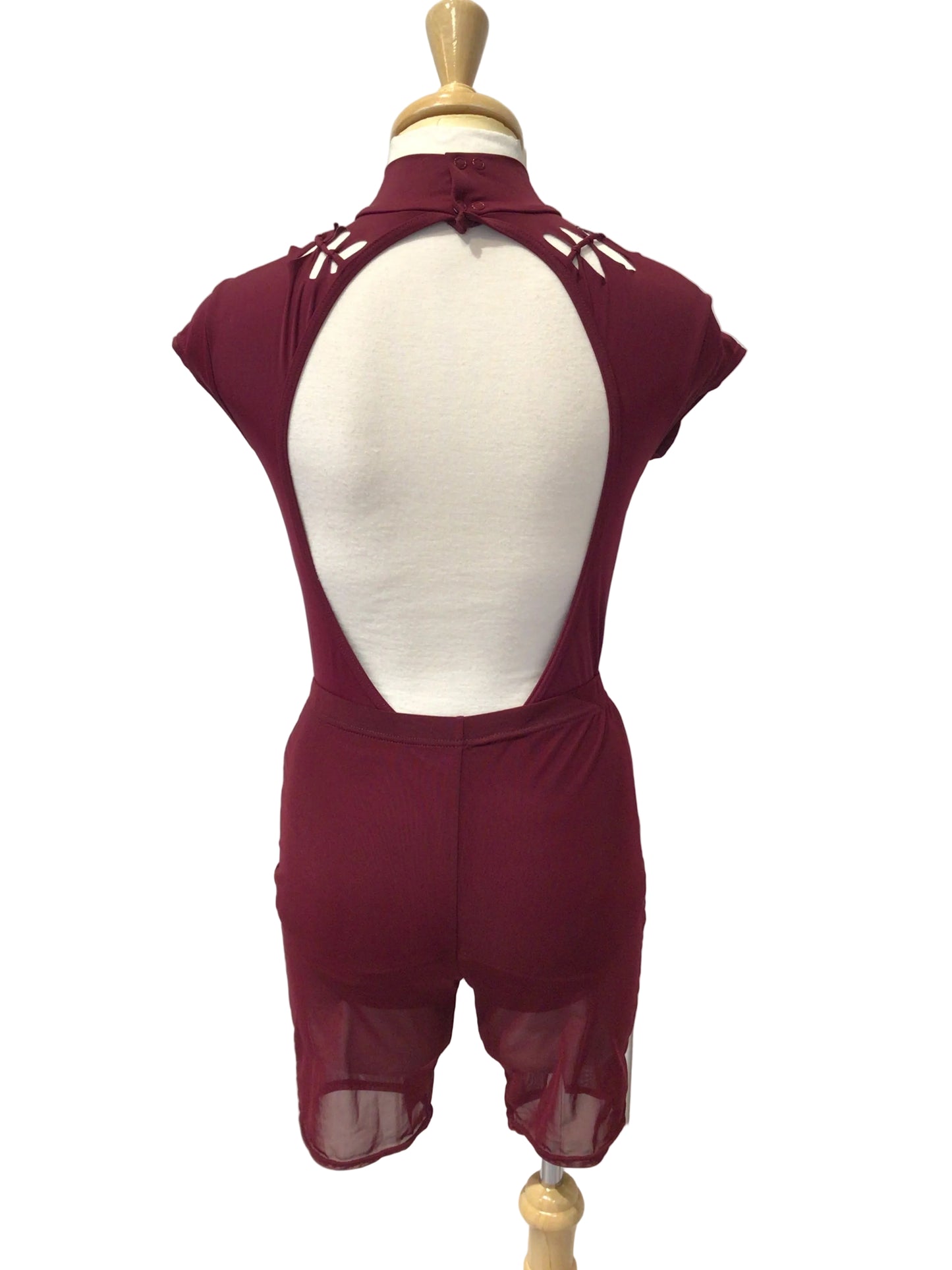Maroon Bodysuit with Mesh Shorts
